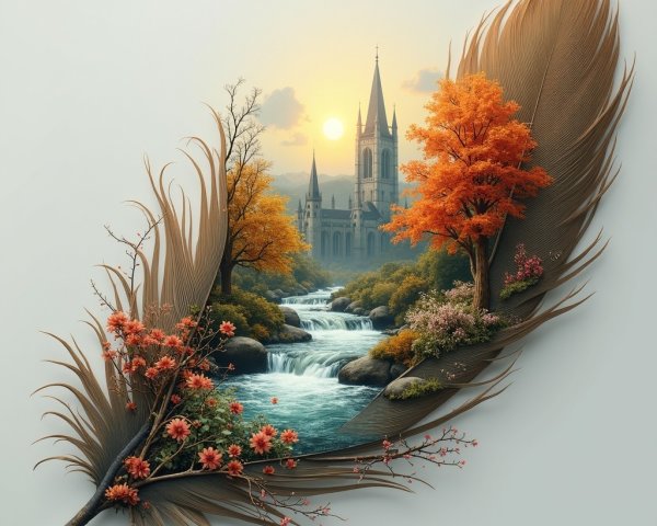 Detailed Feather Artwork with River and Castle Scene