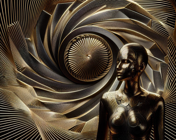 Golden Humanoid Figure with Spiraling Backdrop