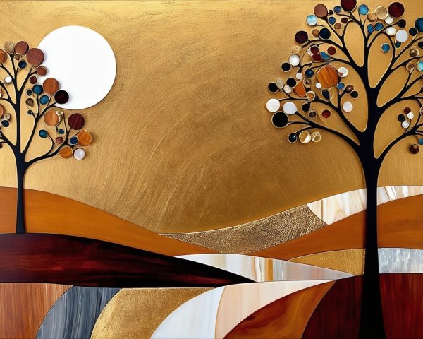 Serene landscape with stylized trees and golden background