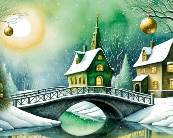Whimsical Winter Village Watercolor Painting Description