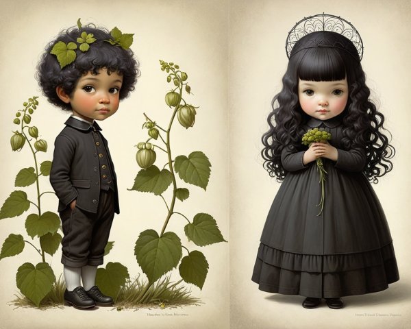 Stylized Children in Whimsical Attire and Setting