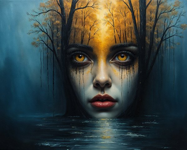 Surreal Artwork of Woman's Face in Misty Landscape