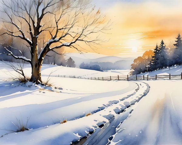Winter Landscape Watercolor with Snowy Tree and Hills