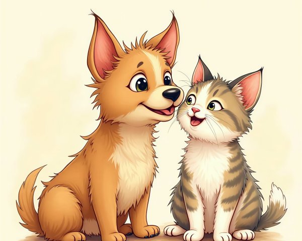 Cartoon Puppy and Kitten Illustration on Light Background
