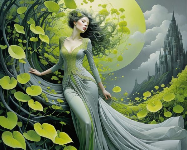 Serene figure in gray gown surrounded by lush foliage