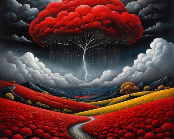 Surreal Landscape with Red Hills and Dramatic Sky