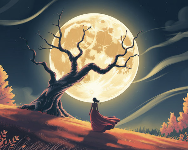 Silhouette of Woman in Red Dress Under Full Moon