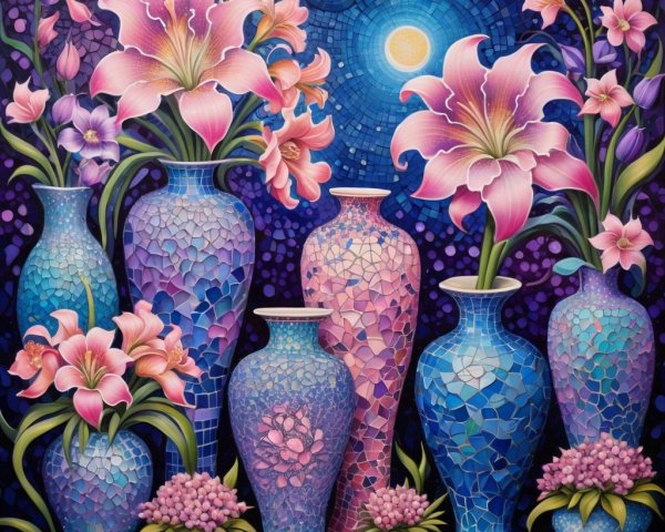 Vibrant Mosaic Vases with Flowers and Starry Sky