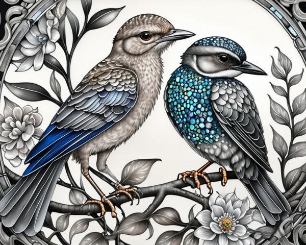 Stylized Birds on Branch with Floral Patterns