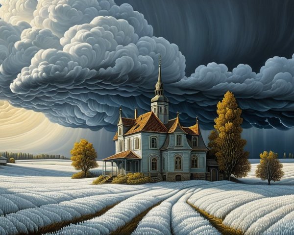 Ornate house in a field under dark storm clouds