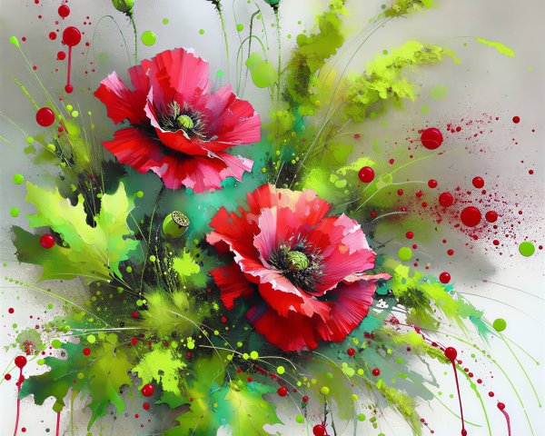 Vibrant Watercolor Painting of Red Poppies and Foliage