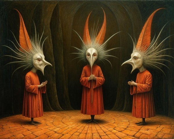 Three Figures in Red Robes with Bird-Like Heads