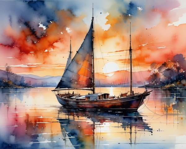 Watercolor Painting of Sailboat at Sunset