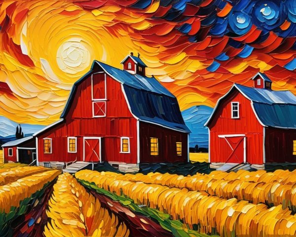 Vibrant Countryside Scene with Red Barns and Wheat Fields
