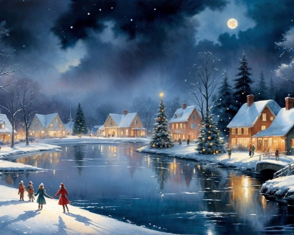 Winter Night in a Quaint Village with Festive Lights