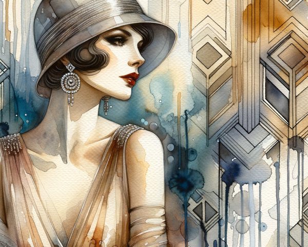 Art Deco Watercolor of Glamorous Woman in Cloche Hat