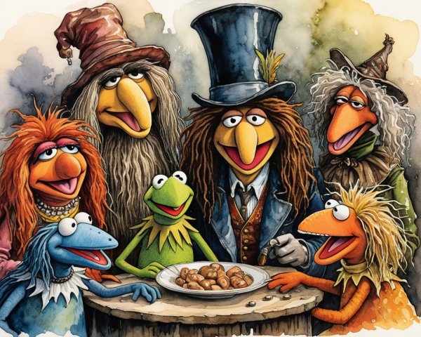 Whimsical Characters in Festive Attire at Gathering