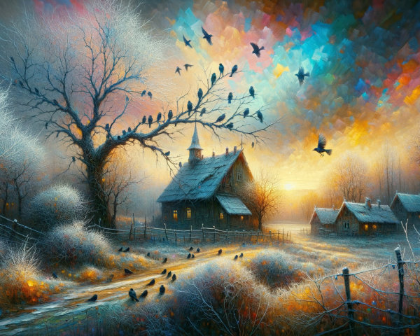 Frosty House in Winter Landscape at Dawn