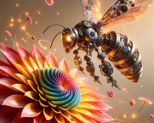 Surreal Scene of a Mechanical Bee and Colorful Flower