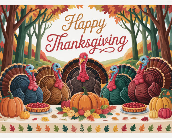 Thanksgiving Scene with Colorful Turkeys and Pies