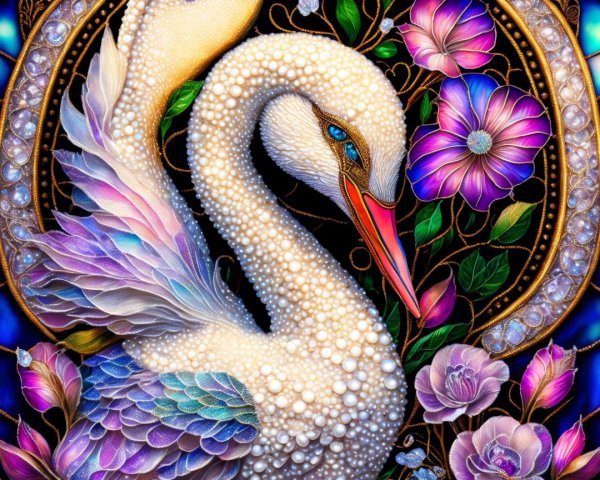 Stylized Swan with Iridescent Feathers and Flowers