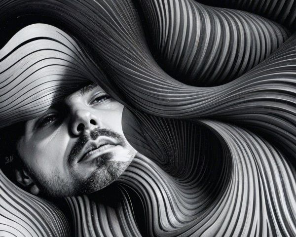 Black-and-White Portrait with Abstract Wavy Patterns