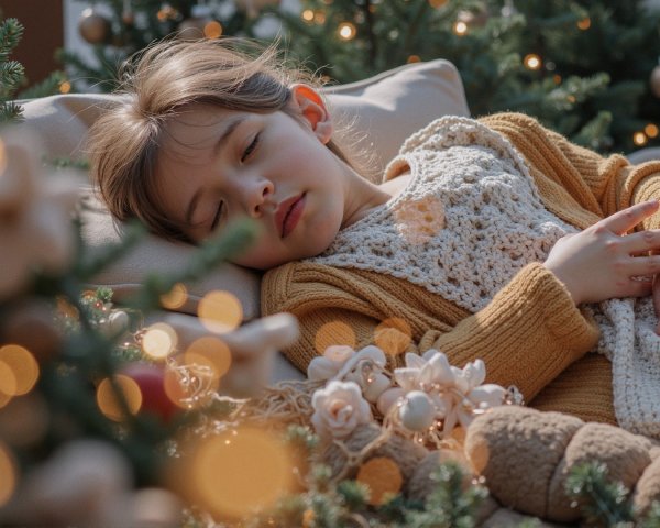 Young girl sleeping in cozy holiday setting