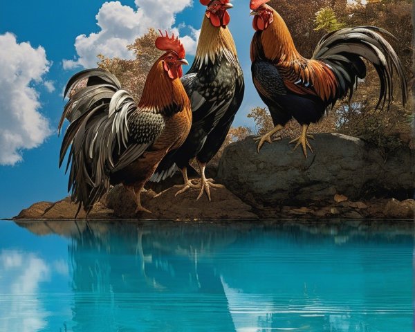 Vibrant Roosters by a Serene Reflective Water Body
