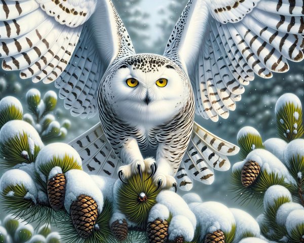 Snowy Owl on Snowy Pine Branch in Winter Forest
