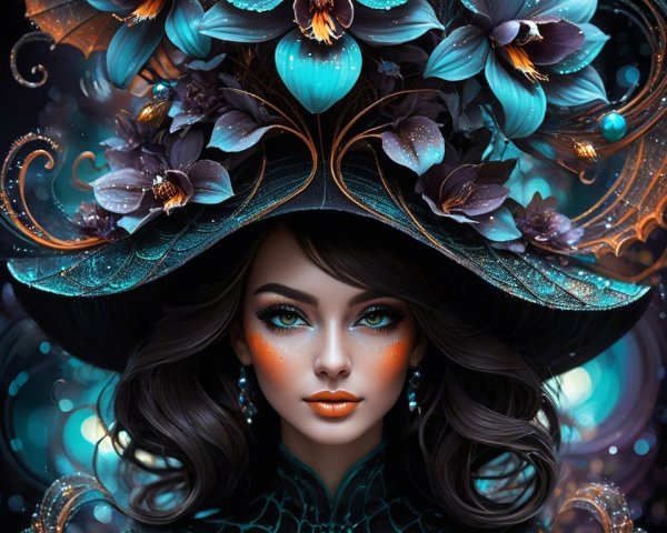 Striking Woman with Ornate Hat and Dramatic Makeup