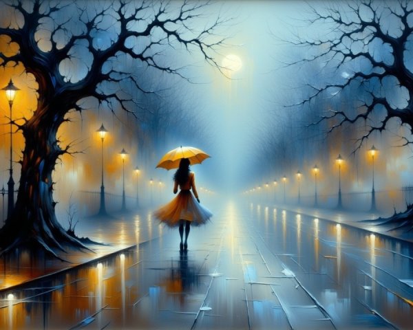 Solitary Figure in Yellow Dress on Rainy Street