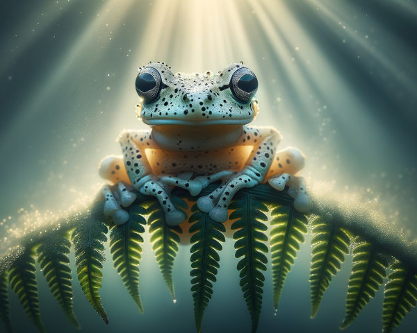 Frog on Fern in Misty Light with Lush Greenery