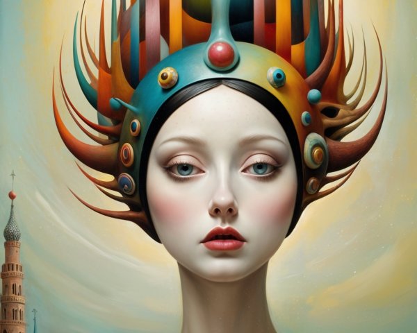 Surreal Figure with Vibrant Headdress in Dreamlike Landscape