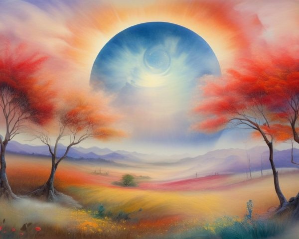 Ethereal Landscape with Glowing Orb and Colorful Foliage