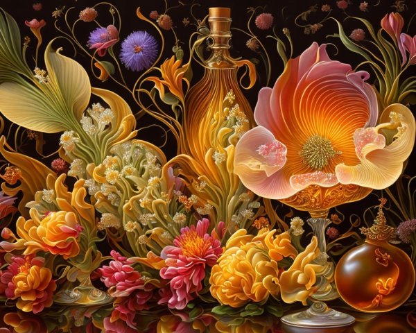 Vibrant Still Life of Perfume Bottles and Flowers