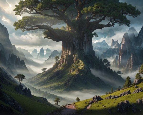 Majestic tree on a green hill with misty mountains