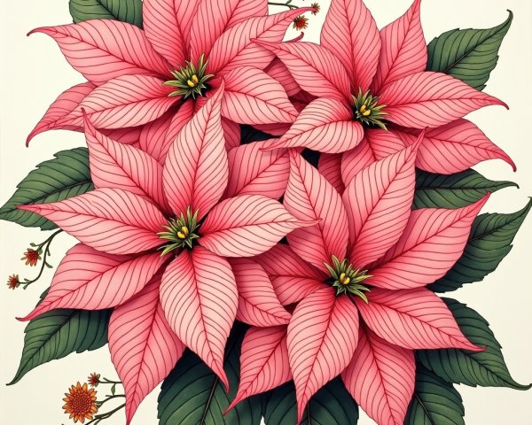 Vibrant Illustration of Pink Poinsettias and Green Leaves