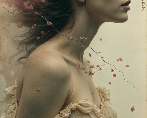 Profile of a woman with flowers in her hair and gown