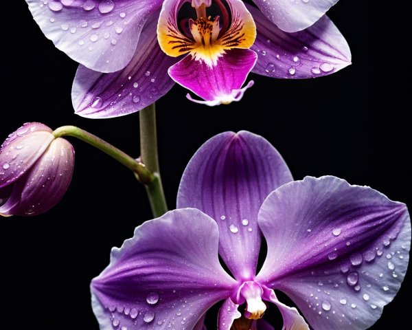 Vibrant Purple Orchids with Water Droplets on Black Background