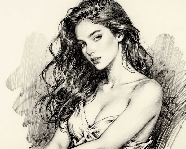 Monochrome Ink Drawing of a Woman with Flowing Hair