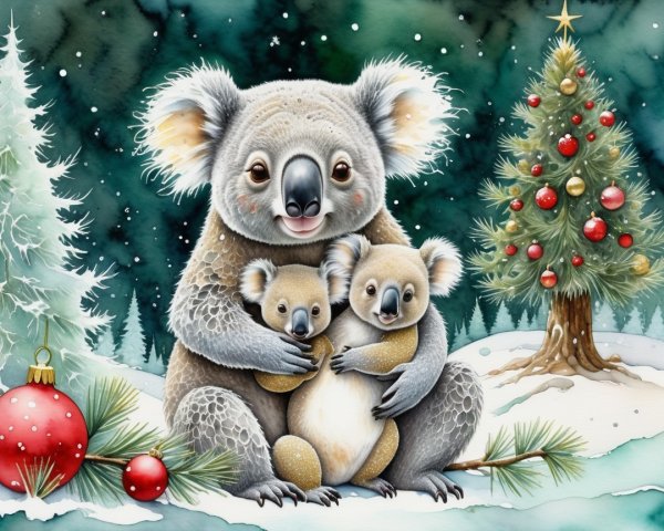 Koala Family Watercolor in Winter Forest Setting