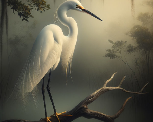 Solitary white egret on moss-covered branch in mist