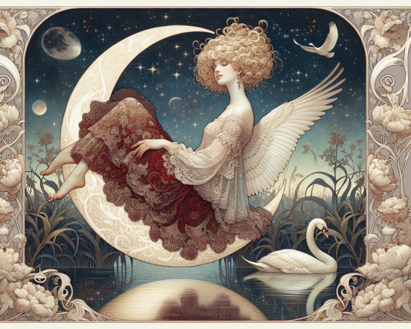 Art Nouveau Painting of Woman on Crescent Moon