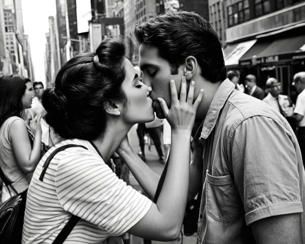Young Couple Kissing in Busy City Streets Black and White