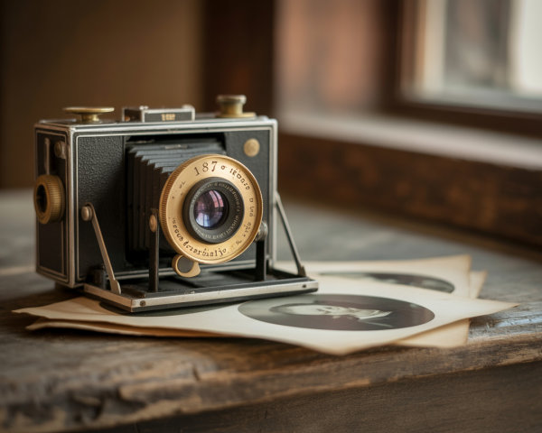 Vintage Camera and Black-and-White Photographs Display