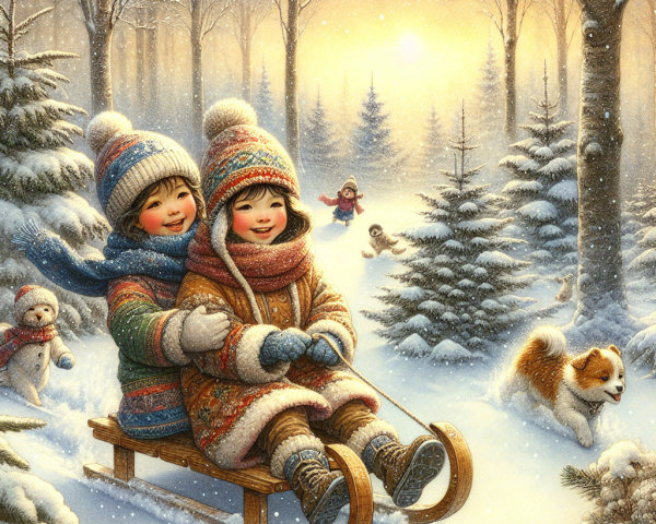 Children on a sled in a snowy winter landscape