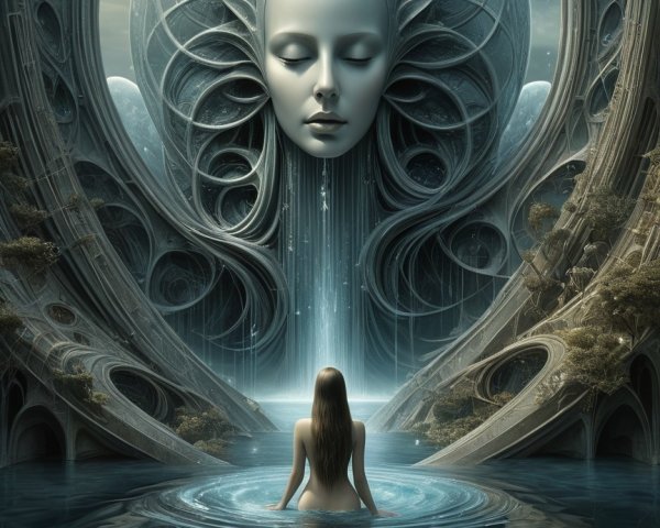 Surreal Landscape with Ethereal Face and Tranquil Waters