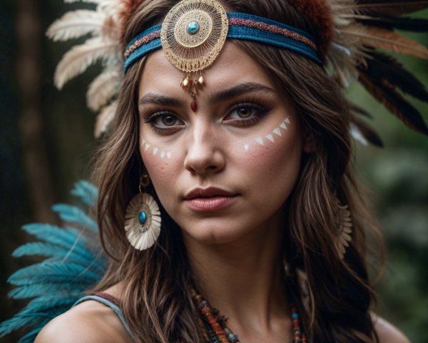 Young Woman in Feathered Headdress and Nature Background