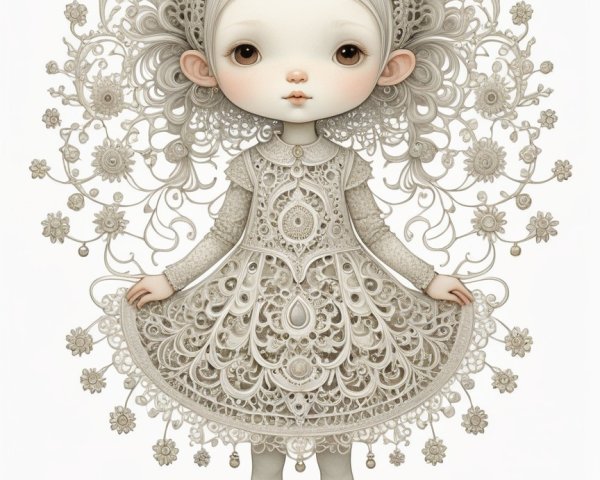 Whimsical Character in Lacy Floral Dress and Ethereal Setting