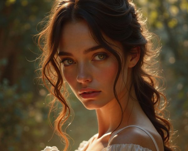 Close-up of a young woman in a sunlit forest